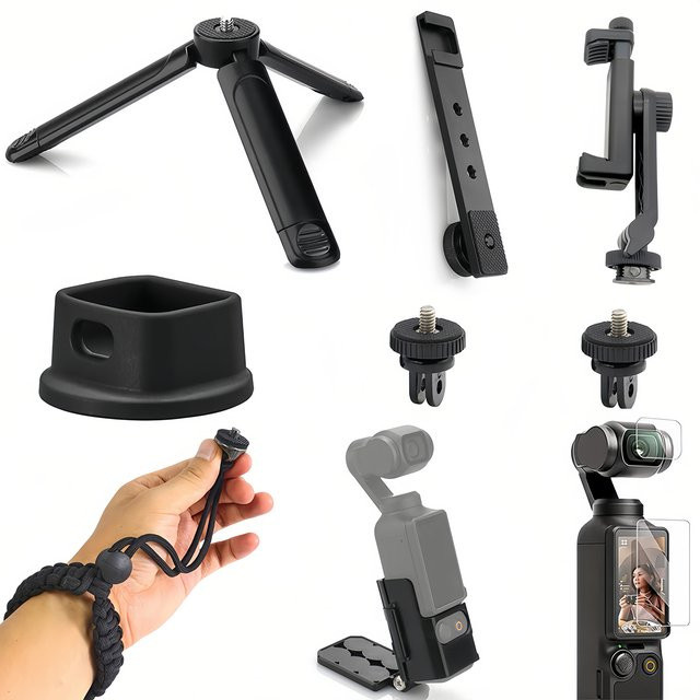 DJI Osmo Pocket 3 und Osmo Pocket 4 Zubehör-Set in Schwarz mit Magnet-Wandhalterung, Stativ, Silikon-Ladestation, Schutzfolien und Erweiterungsadapter - Bild 1