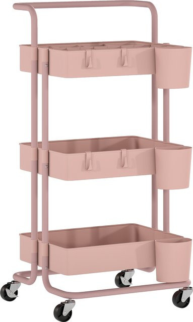 Aosom HOMCOM 3-stufiger Beistellwagen mit Rollen und Griff in Rosa, Küchenwagen mit 3 Drahtkörben und 3 Hängeboxen, B/T/H: 42 x 38 x 86,5 cm - Bild 1