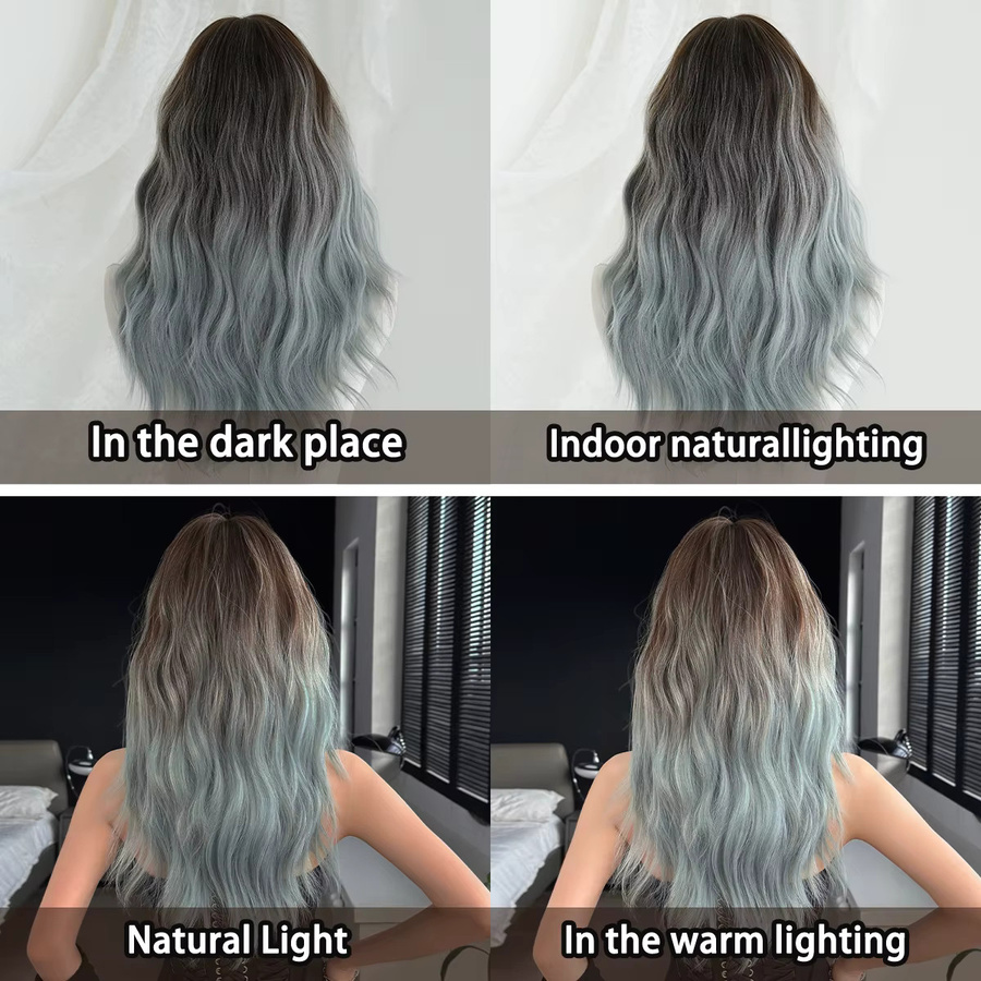 7JHH WIGS Perücke, schulterlange Wasserwellen, Braun-Ombre-Blau, Damen - Bild 4