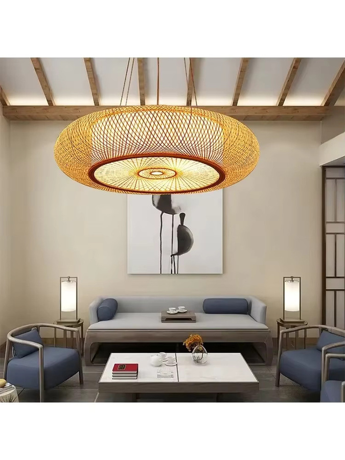 JOYINLED Pendelleuchte aus Rattan und Bambus im Boho-Design, runde Hängelampe aus Holz für Wohnzimmer und Schlafzimmer - Bild 5