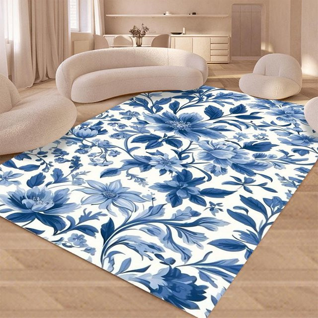 Karpetti Bereichsteppich mit Porzellan-Design in Blau und Weiß, waschbarer und rutschfester Teppich für Wohnzimmer, Küche oder Schlafzimmer, B/T: 80 x 50 cm - Bild 1