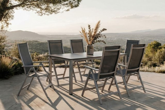 Kettler Cubic Garten-Essgruppe aus Aluminium und Textilene in Silber, Anthrazit und Grau mit rechteckigem Tisch und 6 Klappstühlen, Tisch B: 160 cm, T: 90 cm, H: 74 cm - Bild 1