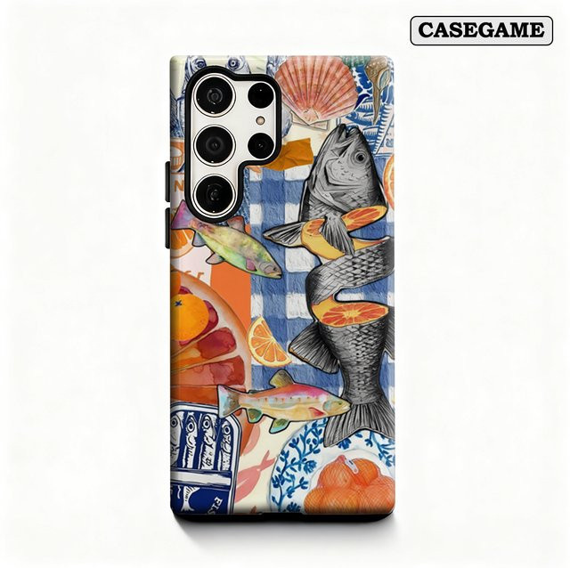 Stoßfeste doppellagige Handyhülle mit Fisch- und Orange-Collage für Samsung Galaxy S25 Ultra, S24 und S23 Ultra Plus in Multicolor - Bild 1