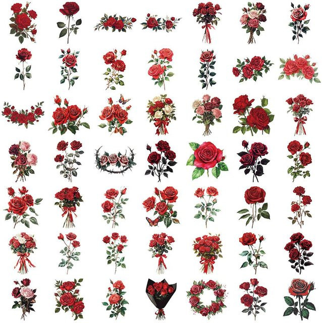 50 Stück Transparente Vintage Rote Rosen Aufkleber aus PET, Wasserdicht für Scrapbook und Dekoration - Bild 1