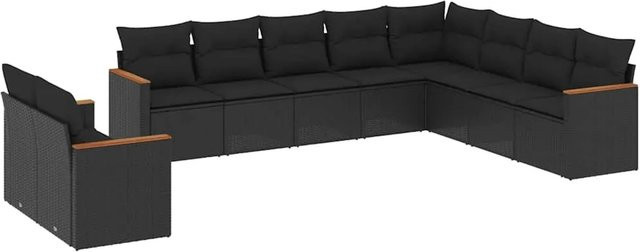 vidaXL 10-tlg. Garten-Sofagarnitur in L-Form aus Poly-Rattan und Akazienholz mit Kissen, Schwarz - Bild 1