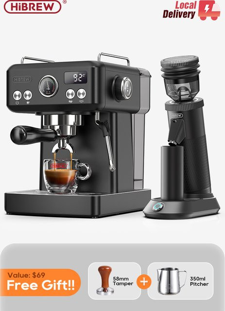 HiBREW H10A Espressomaschine in Schwarz mit Pre-Infusion und verstellbarem 58-mm-Siebträger für Cappuccino und Kaffee - Bild 1