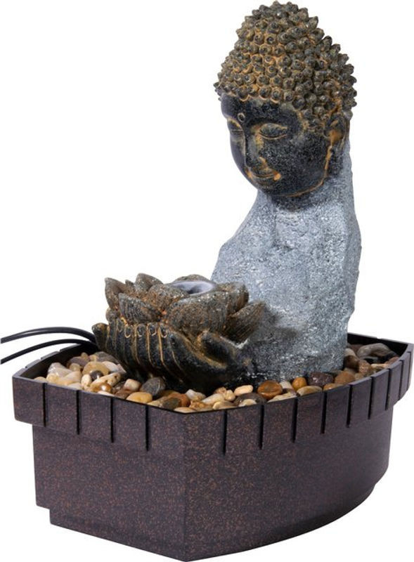 Dobar Buddha Zimmerbrunnen aus Polyresin mit LED-Beleuchtung und Pumpe, grau oder schwarz, B/H/T: 20 x 26 x 17 cm - Bild 1