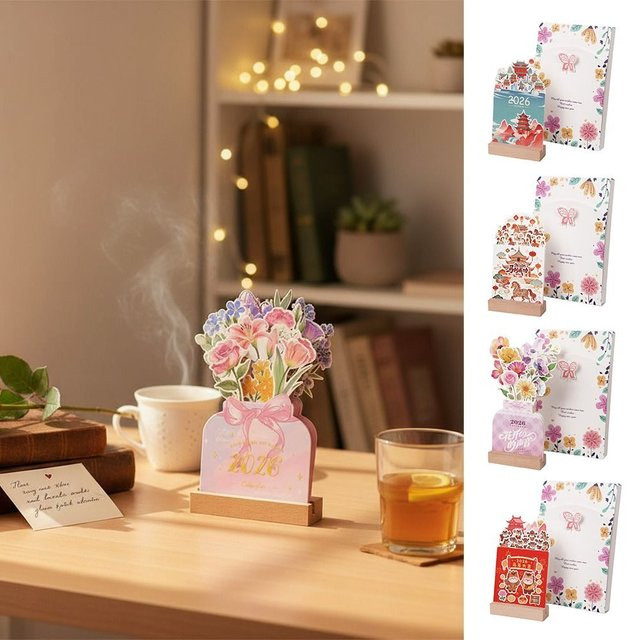 Tischkalender 2026 mit Holzsockel in Vasenform und Blumenmotiv, pink und mehrfarbig - Bild 1