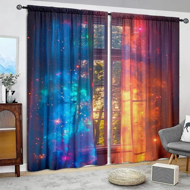 2er-Set bedruckte Vorhänge Traum Licht und Schatten in Blau, halbtransparent mit grafischem Naturmotiv für Wohnzimmer, Schlafzimmer und Büro, B: 52,5 cm, H: 116 cm - Bild 1