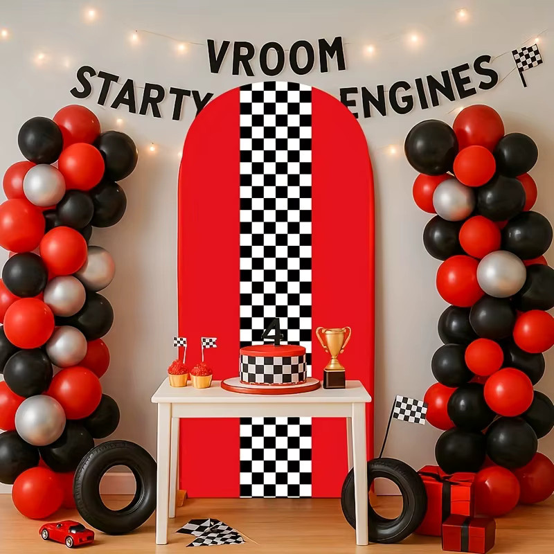 VIKAMA Hintergrundbezug mit Rennstrecken-Motiv in Multicolour für Geburtstage und Partys, elastische Dekoration mit geometrischem Design, B/H: 50 x 50 cm - Bild 4