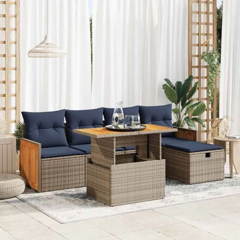 6-teilige Garten-Sofagarnitur aus Poly-Rattan und Akazie mit Kissen in Grau von vidaxl - Bild 1