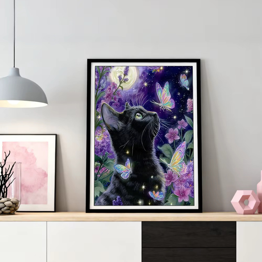 HUACAN Diamantkunst Set Katze und Schmetterling in Schwarz und Multicolour, runde Mosaik-Malerei für deine Heimdekoration, B/D: 30 x 20 cm - Bild 2