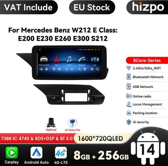 HIZPO Android Autoradio für Mercedes Benz W212 E-Klasse 2009-2016 mit 10,33 Zoll Display, Carplay, 4G und Bluetooth, Schwarz - Bild 1