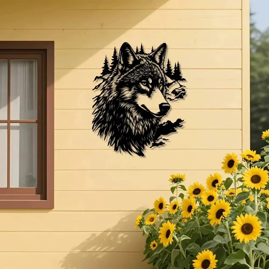 CIFBUY Vintage Eisen-Wolf 3D-Wandkunst aus Metall in Schwarz als wetterfeste Außenskulptur für den Garten - Bild 2