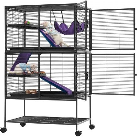VEVOR Kleintierkäfig aus Metall in Schwarz und Silber, 4-stöckiges Kleintiergehege für Frettchen, Chinchillas, Gleithörnchen, Meerschweinchen und Kaninchen, B/T/H: 77 x 52 x 130 cm - Bild 1