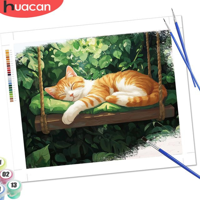 HUACAN Malen nach Zahlen Set mit Katzen-Motiv auf Leinwand, Mehrfarbiges Tier-Malset für kreative Hobby-Projekte und Weihnachtsgeschenke - Bild 1