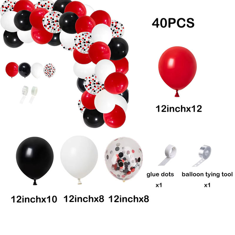 Luftballon Girlande Bogen Kit in Rot, Schwarz und Weiß mit Konfetti für Geburtstag, Zirkus, Casino oder Babyparty, 30,48 cm Durchmesser - Bild 2