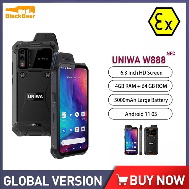 UNIWA W888 ATEX Explosiongeschütztes Smartphone Schwarz mit 64GB Speicher, 4GB RAM, 6,3 Zoll HD-Bildschirm, Android 11, IP68 Schutz und NFC - Bild 1