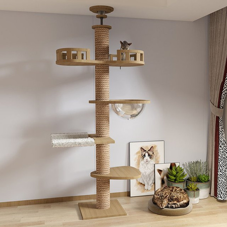 HGTUGO Höhenverstellbarer Katzenbaum in Braun und Beige mit drehbarer Hängematte und Kratzmatte