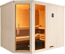 WEKA Ecksauna Varberg 4 in Weiß mit 9 kW Ofen, externer Steuerung und Glasfront als Sparset - Bild 3