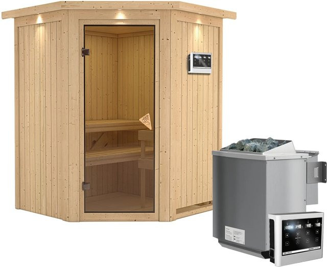 Karibu Sauna-Set Lyra in Braun mit 9 kW Bio-Ofen, externer Steuerung und Dachkranz - Bild 1