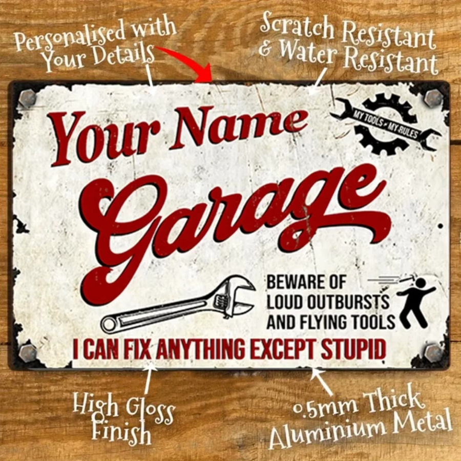 Personalisierbares Retro-Garagenschild aus Metall von CIFBUY in Rot und Weiß mit individuellem Text im Vintage-Stil - Bild 3
