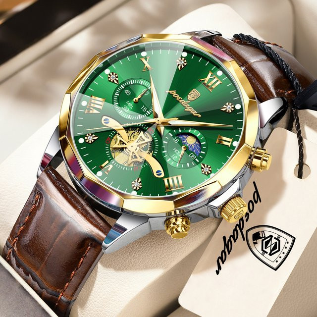 POEDAGAR Chronograph Armbanduhr, Quarz, Leder, Silber, Herren - Bild 1