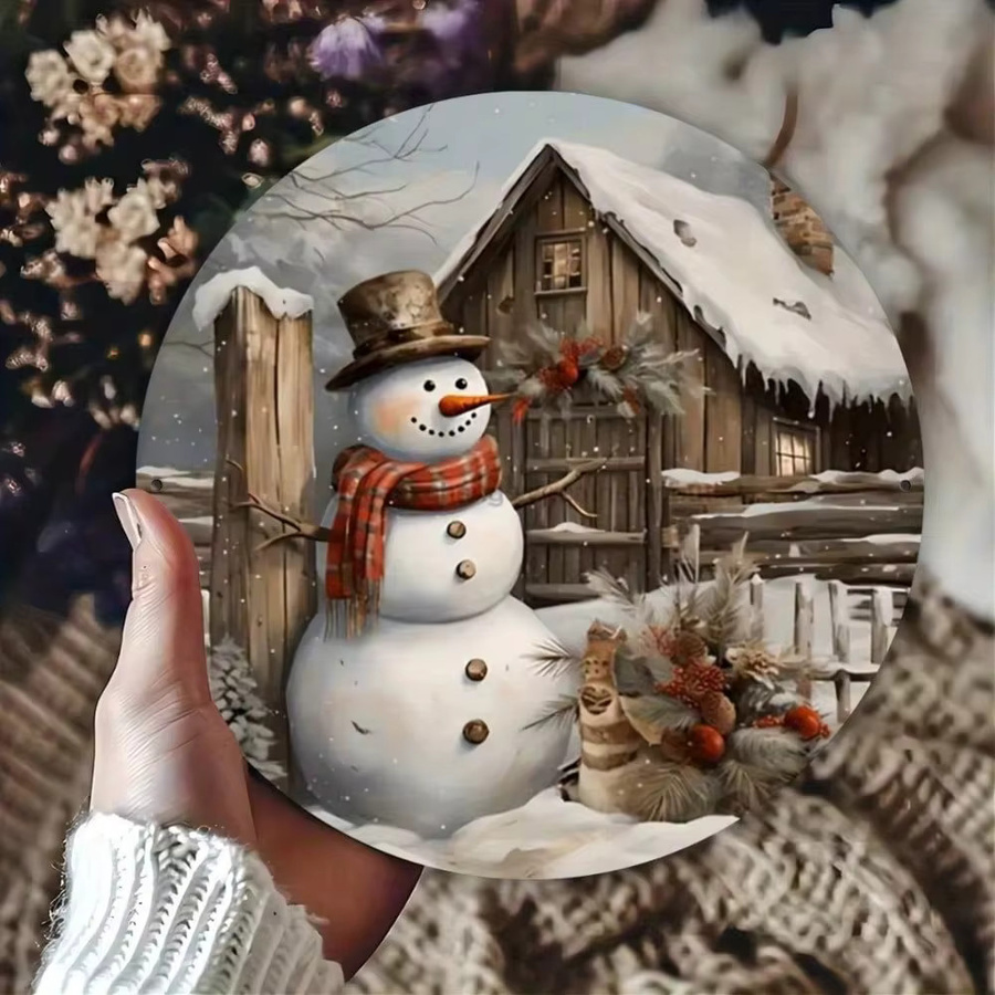 CIFBUY Vintage Metallschild Winterhütte & Schneemann – Rundes Eisenwandbild für Weihnachtsdekoration, Mehrfarbig, Durchmesser: 20 cm - Bild 3