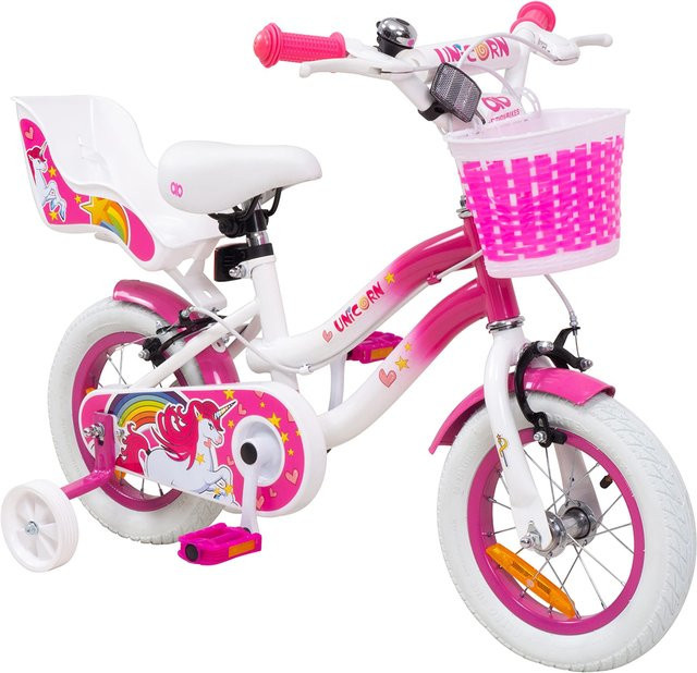 Actionbikes Motors Unicorn Kinderfahrrad, 12 Zoll, Pink, Einhorn-Design, mit Puppensitz, Stützräder, Fahrradkorb - Bild 1