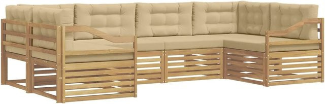 vidaXL Outdoor-Sofagarnitur 6-teilig in U-Form aus Akazienholz mit Kissen, Weiß und Beige - Bild 1
