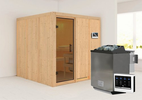 Karibu Sauna Valga aus Fichtenholz in Beige mit 9 kW Bio-Kombi-Saunaofen und externer Steuerung für 3 Personen, B/T/H: 196 x 198 x 196 cm - Bild 1