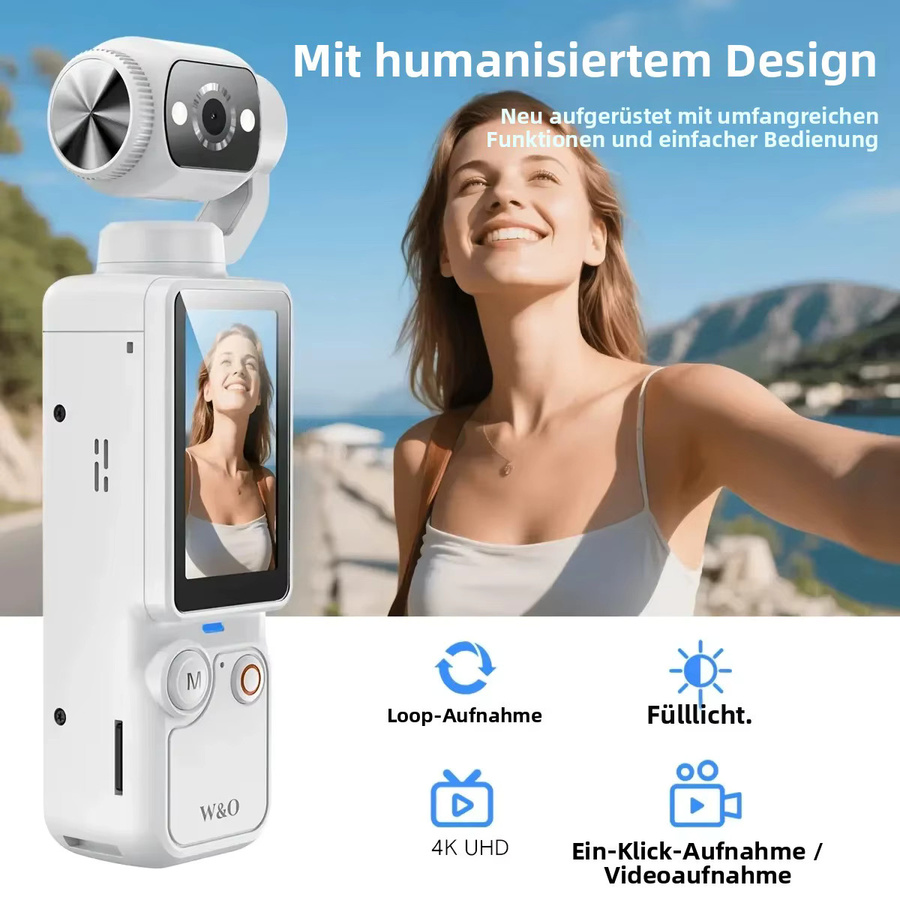 W&O Kompaktkamera in Weiß mit 4K HD Videoaufnahme, 1,9-Zoll-Bildschirm, 180 Grad drehbarem Objektiv und 2000-mAh-Akku inklusive 32 GB Speicherkarte und USB-C-Anschluss - Bild 3