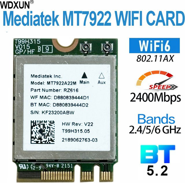 MT7922 Wi-Fi 6E Wireless LAN-Karte mit Bluetooth 5.2, Tri-Band WLAN-Netzwerkkarte 2400 Mbit/s, 2,4 GHz 5 GHz 6 GHz 802.11AX M.2 NGFF Adapter in Grün - Bild 1