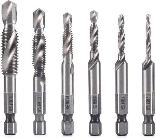 Kkmoon 6-teiliges HSS Gewindebohrer und Senker Bit Set mit 1/4 Zoll Schaft für bis zu 5 mm Durchmesser in Silber und Gold