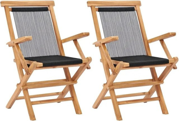 vidaXL Set aus 2 klappbaren Gartenstühlen aus Teakholz mit Seil und Armlehnen, Braun/Schwarz