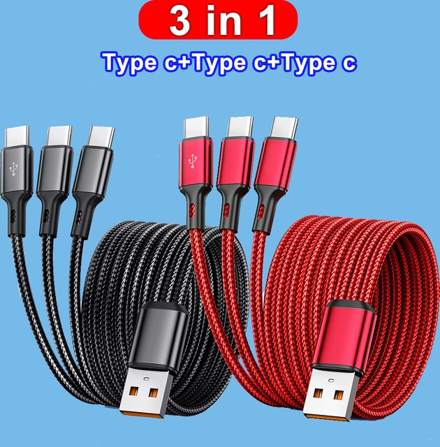Maerknon 3 in 1 USB-A auf 3x Typ-C Schnellladekabel mit 100 W und 6 A in Schwarz - Bild 1