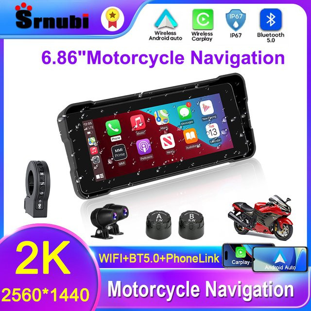 Srnubi Motorrad-Navigations-DVR mit 2K-Objektiv, IPX7 wasserdichter kabelloser CarPlay und Android Auto Bluetooth-Monitor in Schwarz, 5/6,86 Zoll - Bild 1