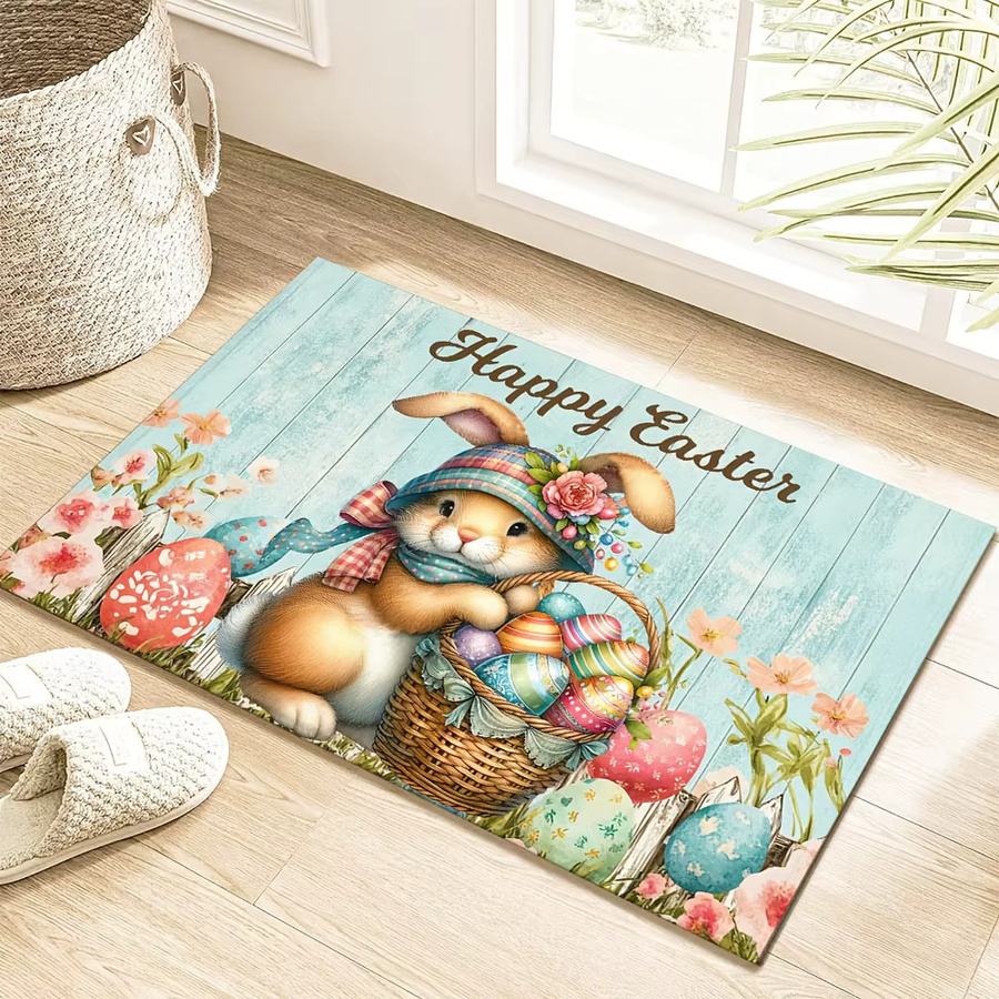 VIKAMA Osterhase Fußmatte mit Ei Motiv, rutschfeste und waschbare Bodenmatte für Eingang, Wohnzimmer oder Schlafzimmer, B/T: 60 x 40 cm, Mehrfarbig - Bild 2