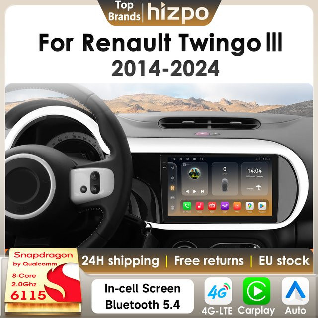 Hizpo Android 14 Autoradio mit 360 Kamera und Snapdragon 6115 Prozessor für Renault Twingo 3 III 2014-2024, Schwarz, GPS und 4G Unterstützung - Bild 1