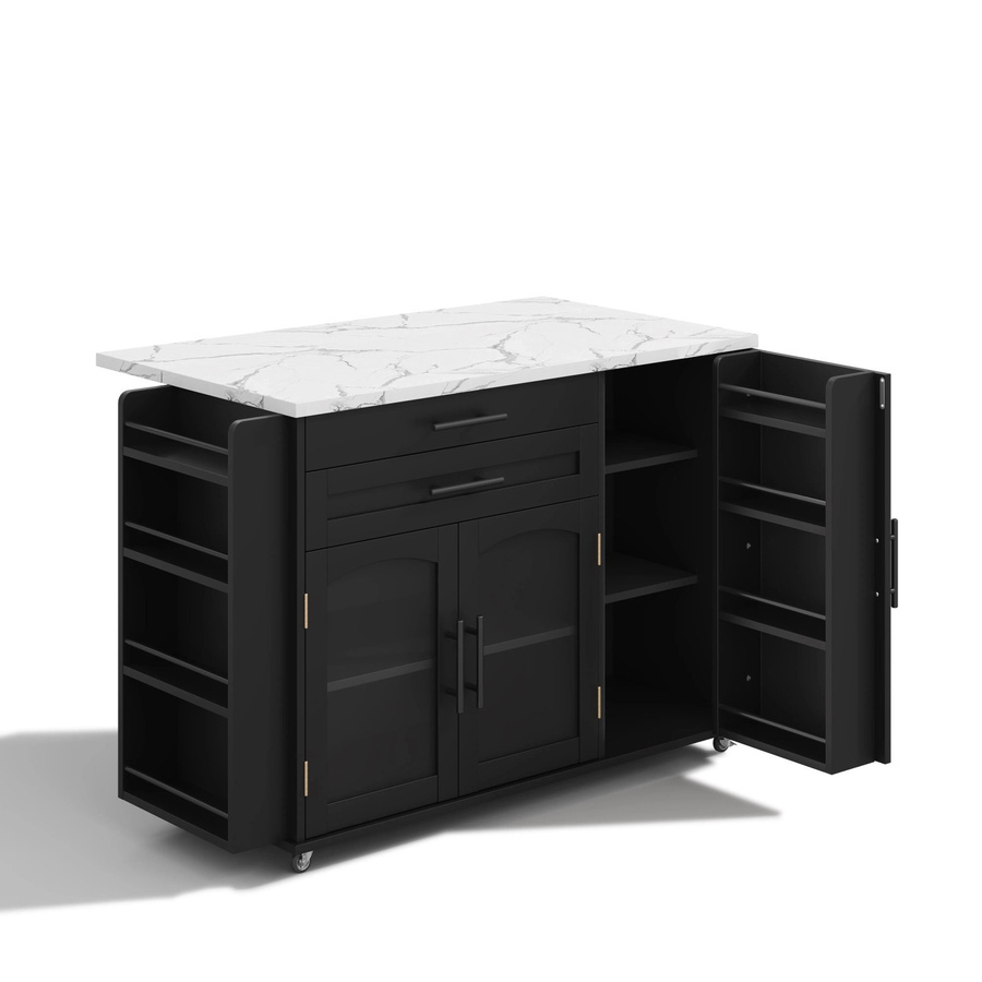 okwish Kücheninsel Schwarz mit klappbarer Arbeitsplatte und Gewürzregal, B/T/H: 120 x 45 x 90 cm - Bild 2