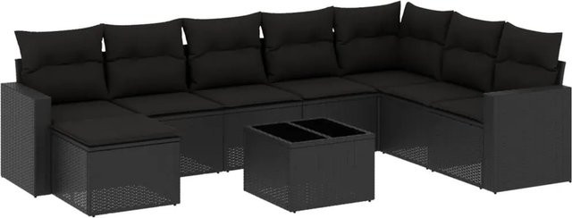vidaXL 9-tlg Garten-Sofagarnitur in L-Form aus schwarzem Poly-Rattan mit Kissen und pulverbeschichtetem Stahlgestell - Bild 1