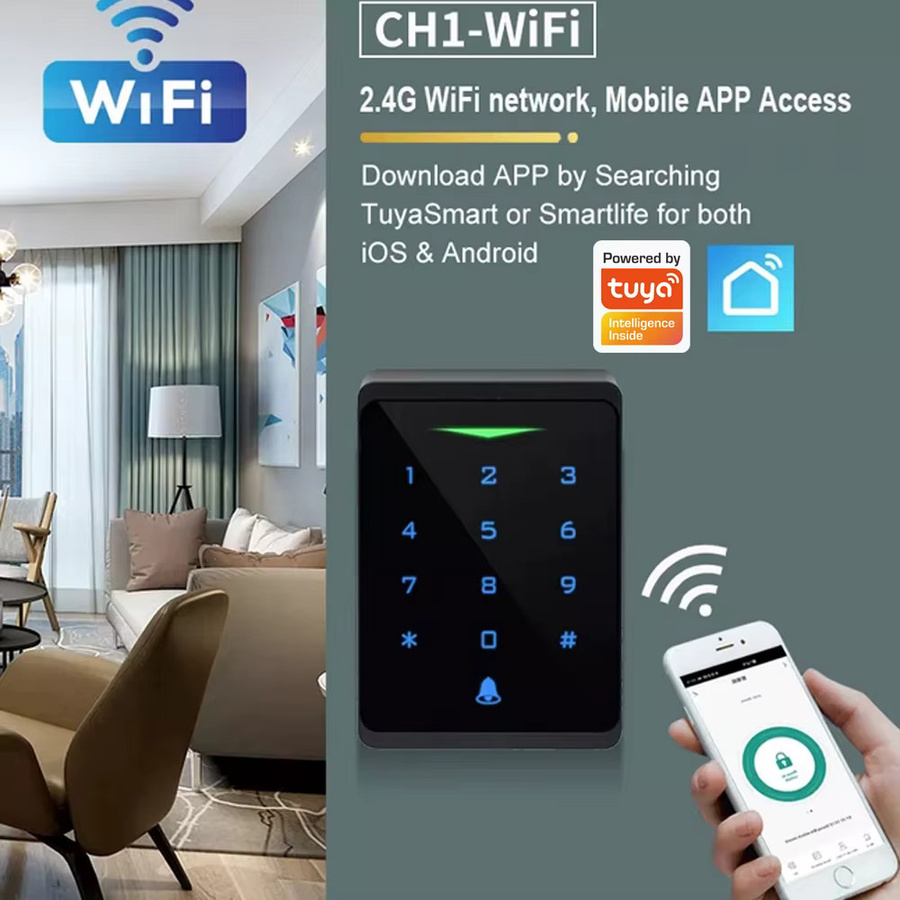 LUCKING DOOR Zugangskontrollsystem mit Tuya-App-Unterstützung, 2,4G WLAN, RFID-Tastatur und hintergrundbeleuchtetem Touchscreen, IP66 wasserdicht, 125 kHz EM-Kartenleser, WG 26 Bit, Schwarz - Bild 2