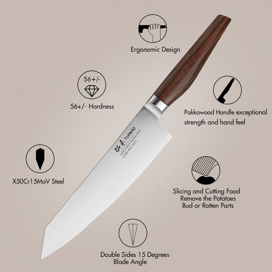 Turwho Kiritsuke Messer aus High Carbon Edelstahl x50cr15mov in Silber mit Holzgriff, 21,59 cm - Bild 5