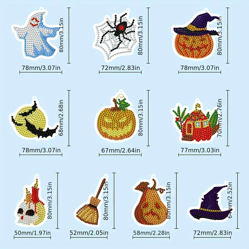 10er Set DIY Diamantmalerei Halloween Anhänger mit Kürbis, Spinne und Geist als Mosaik-Ornament in Mehrfarbig - Bild 5