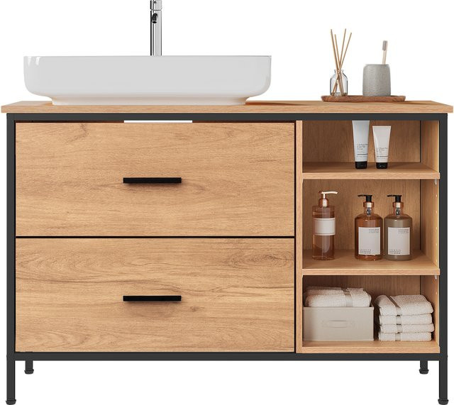 EUGAD Badezimmerschrank Waschtischunterschrank mit 2 Schubladen und 3 Fächern in Eiche Beige Braun, B/T/H: 90 x 60 x 30 cm - Bild 1