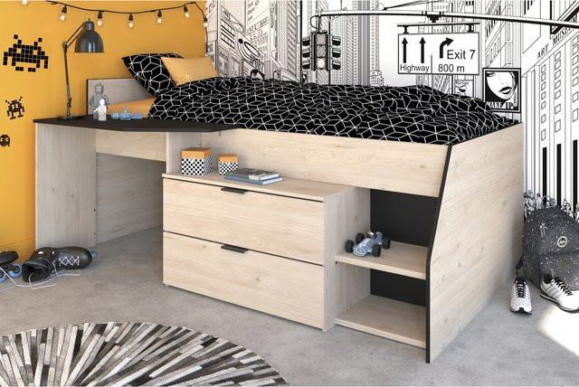 Parisot Multifunktions Hochbett Milky 2 im Industrial Style, Farbe Eiche Jackson - Bild 1