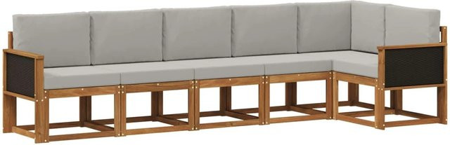 vidaXL Outdoor-Sofagarnitur aus Akazienholz und Polyester in Grau und Natur, 6-teiliges L-Shape Set mit Sitz- und Rückenkissen - Bild 1