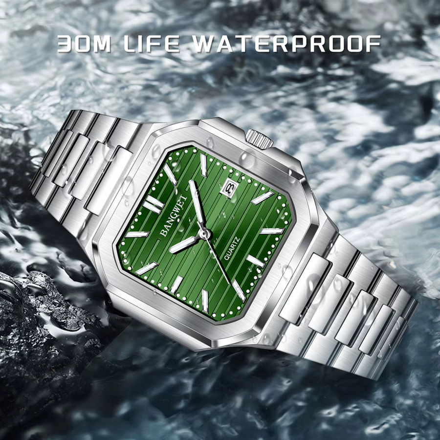 BANGWEI Armbanduhr, Quarz, Edelstahl, Grün, Herren, Eckig - Bild 2