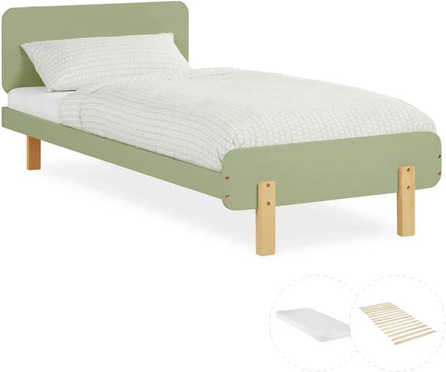 Homestyle4u Kinderbett im skandinavischen Design aus Kiefernholz mit Lattenrost und Matratze, Farbe: Grün/Weiß, B/T/H: 90 x 200 cm - Bild 1
