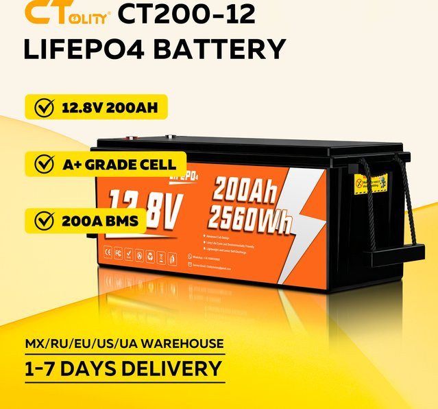 CTOLITY CT200-12 LiFePO4-Batterie 12,8 V 200 Ah 2560 Wh in Schwarz mit integriertem 200 A BMS für Solargeneratoren und Wohnmobile - Bild 1